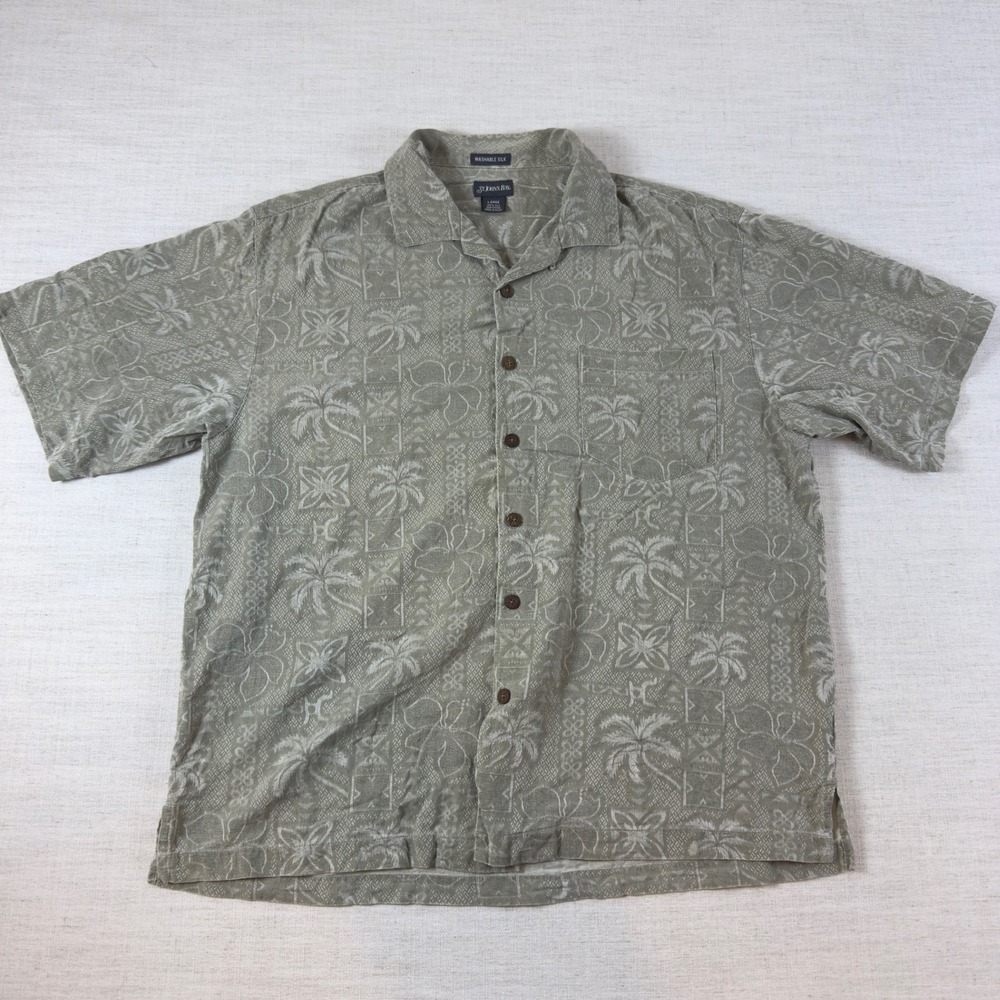 St. Johns Bay Mens Large Washable Silk Hawaiian Shirt Green Palm Tree Floral